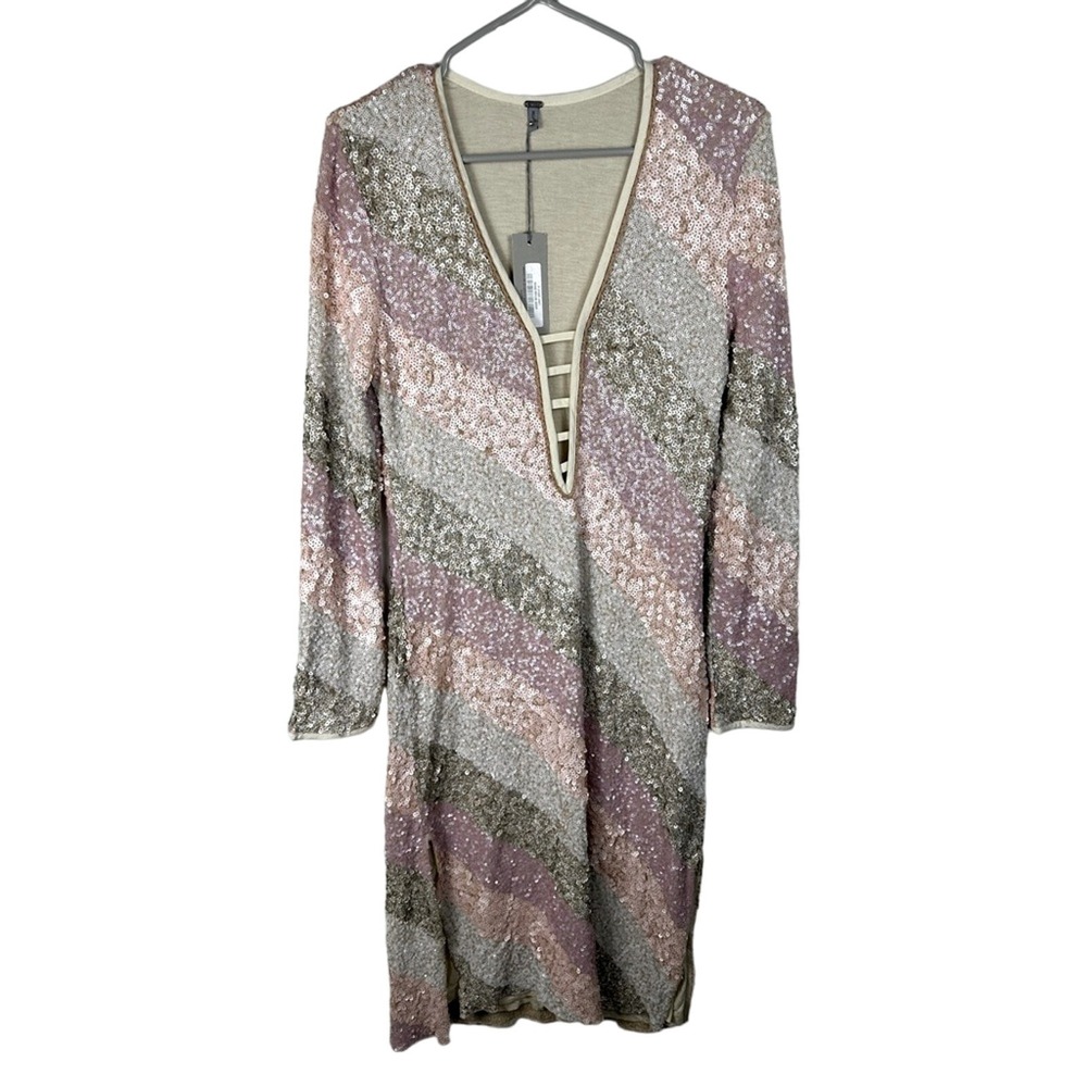 Bl-nk London Miyana Dress Women Medium Cream NWT‎ Sequin Striped V-Neck 402057
